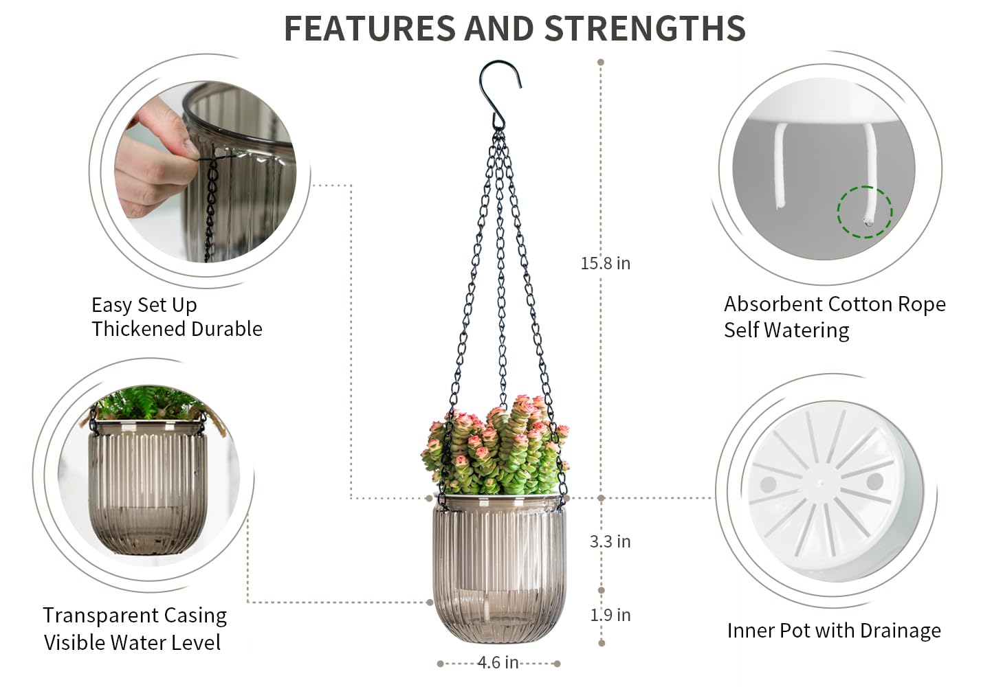 Josteve 4.5 Inch 2 Pcs Self Watering Hanging Planter Indoor Plant Pots Drainage Holes, Outdoor Small Hanging Planters Flower Pot Basket, Visible Water Level, Plant Hanger Home Decor, Gardening