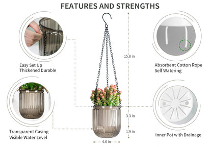 Josteve 4.5 Inch 2 Pcs Self Watering Hanging Planter Indoor Plant Pots Drainage Holes, Outdoor Small Hanging Planters Flower Pot Basket, Visible Water Level, Plant Hanger Home Decor, Gardening