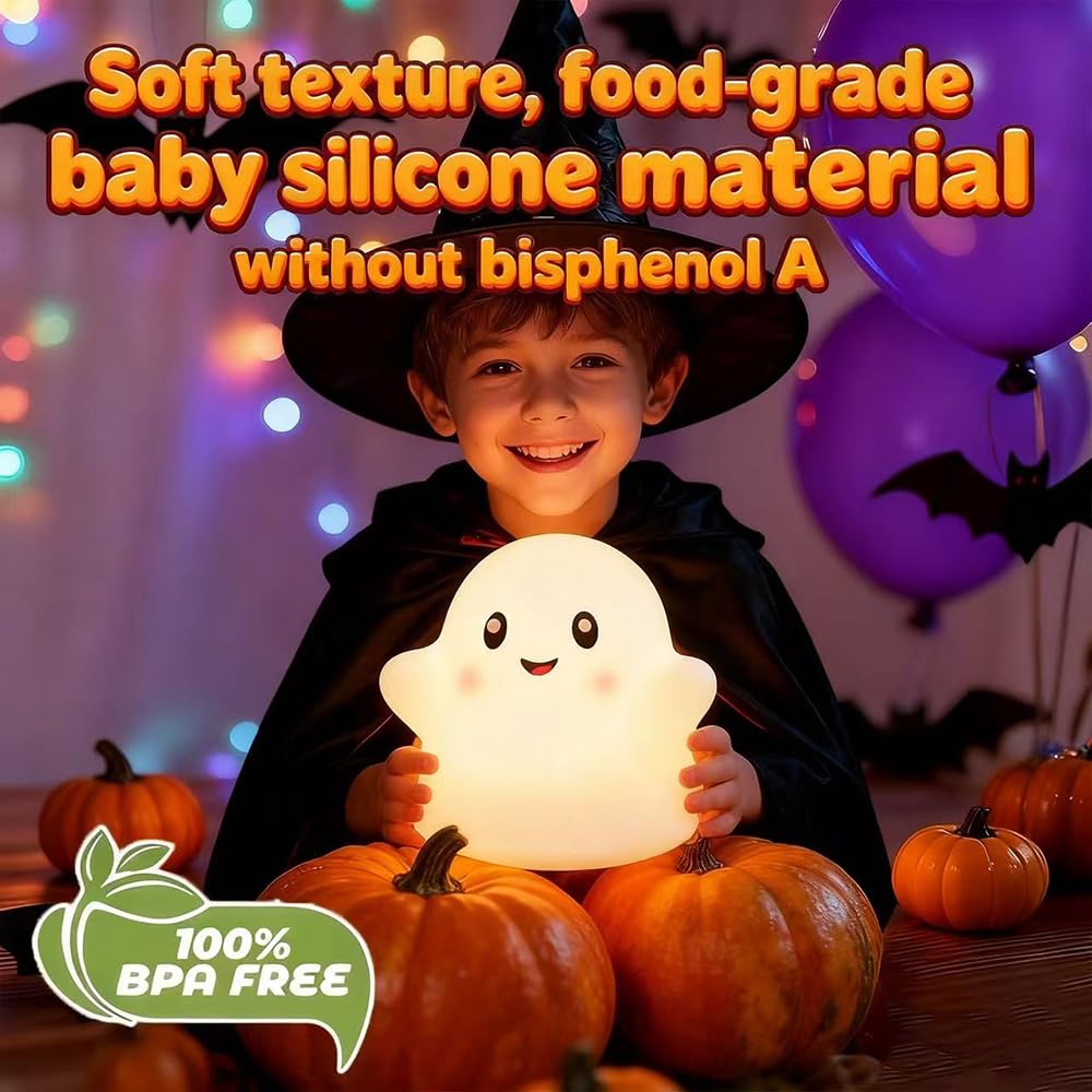 Ghost Night Light for Kids, Silicone Nursery Nightlight with 13 Interactive Sound Effects ,Halloween Decor Lamp Adjustable Dimmable Lamp with Touch Sensor Children's Christmas Gifts (white ghost)