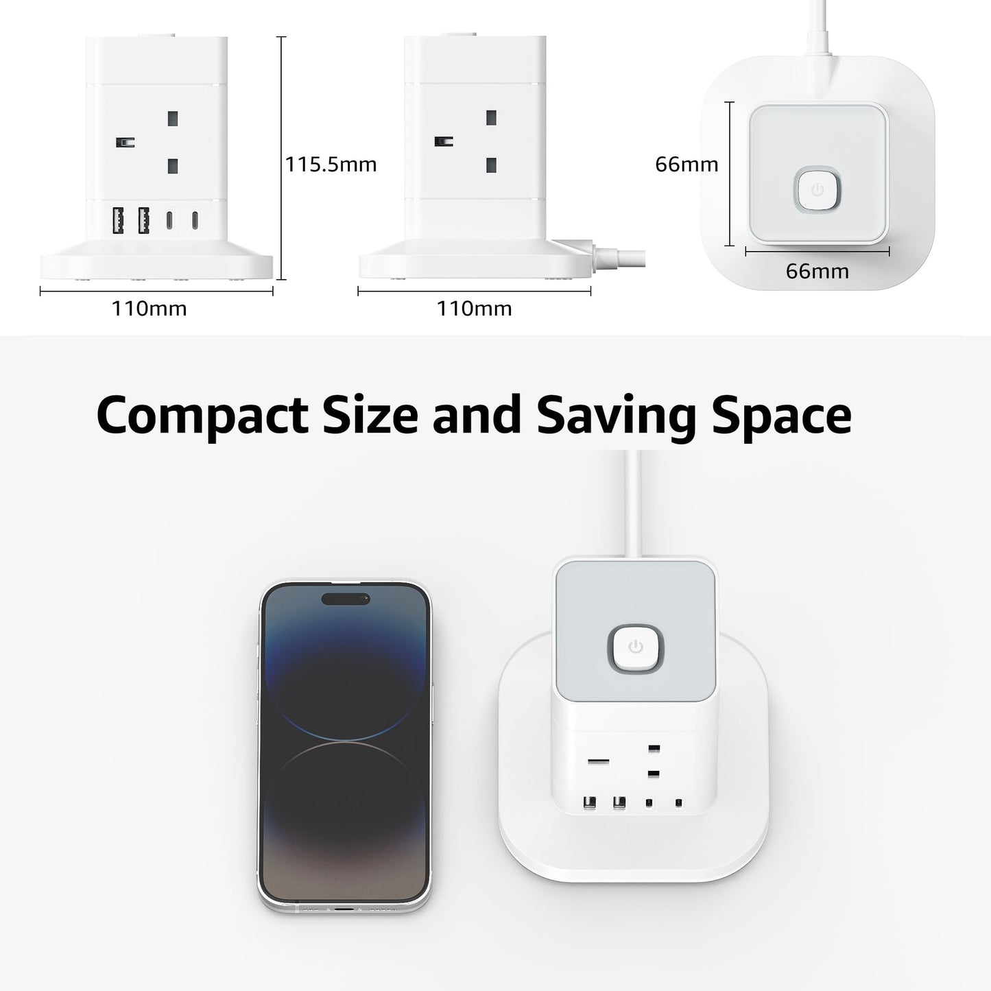 Cube Extension Lead with USB Slots, Hotimy 4 Way Multi Plug Extension Socket with 2 USB C and 2 USB A, 13A 3250W Power Strip with Switch 1.5M Extension Cords for Desk Home Office Travel