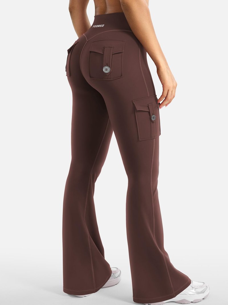 YEOREO CoreFlex Women Workout Flare Leggings with Pockets Hidden Scrunch Cargo Gym Yoga No Front Seam Leggings Chocolate S