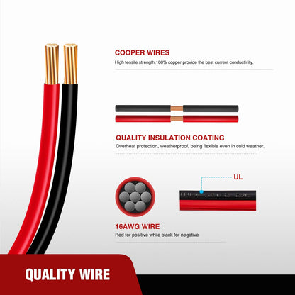 Nilight 2PCS 12FT SAE to SAE Extension Cable 16AWG 2 Pin Wire Cord Harness with 12V-24V DC Quick Connect Disconnect Connector with Dust Cap