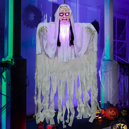 JOYIN 43" Outdoor Halloween Decoration, Scary Girl Hanging Ghost Decor Sound Activated with Light-up Head for Yard, Patio, Haunted House Lawn Garden