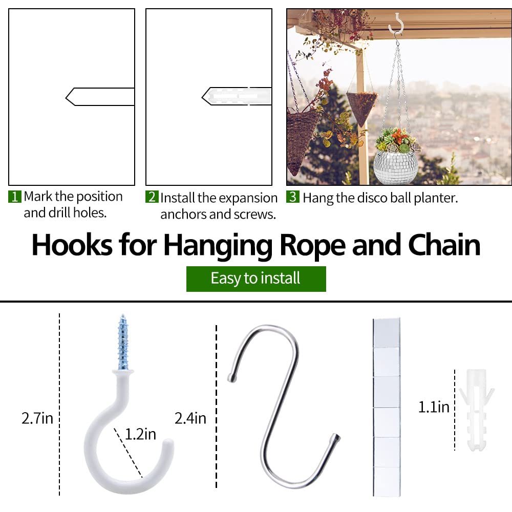 FGBNM 4"/6"/8"/9"/10" Disco Ball Planter, Disco Ball Plant Hanger with Hanging Rope, Hanging Chain, Hook, Circle and Extra Mirror Pieces (6" Silver, 1pcs)