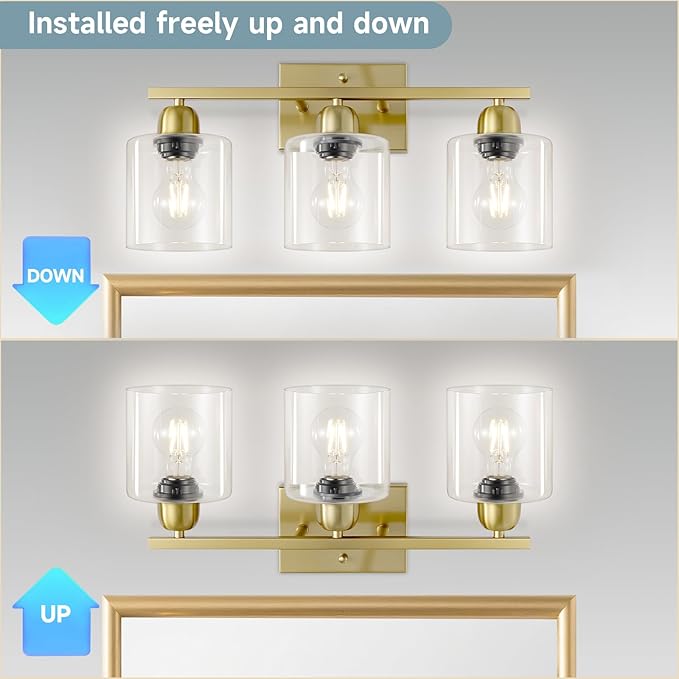 Modern Brushed Gold 3 Light Bathroom Light Fixtures, 19 inch Vanity Lights for Bathroom with Clear Glass for Mirror Kitchen Living Room Hallway Cabinet Porch