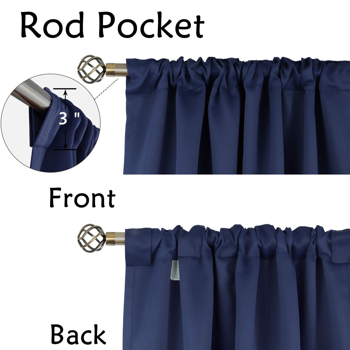 BGment Rod Pocket and Back Tab Blackout Curtains for Bedroom - Thermal Insulated Room Darkening Curtains for Living Room, 42x63 inch, 2 Window Curtain Panels, Navy Blue