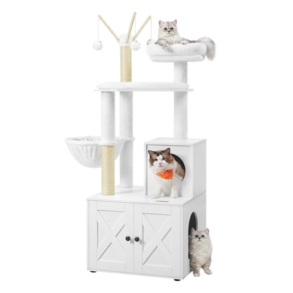 Feandrea Cat Tree with Litter Box Enclosure, 2-in-1 Modern Cat Tower, 55.1-Inch Cat Condo with Scratching Posts, Removable Pompom Sticks, Cloud White UPCT113W01