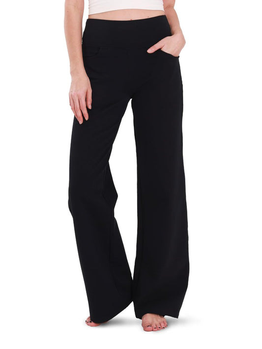 Houmous Wide Leg Pants Women Cotton Yoga Pants High Waist Loose Lounge Stretch Trousers with Pockets, 34 Inseam, Black, L