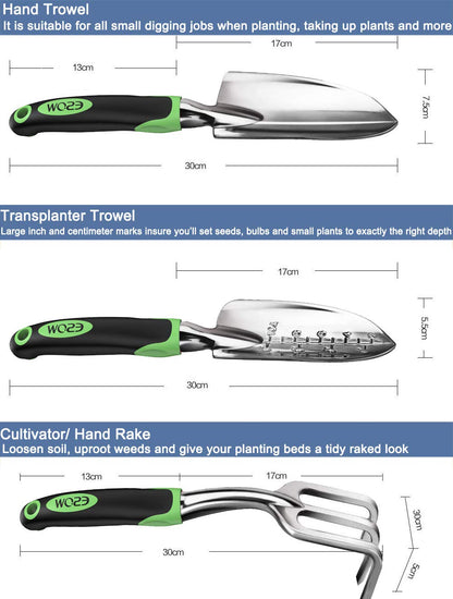 ESOW Garden Tool Set, 3 Piece Cast-Aluminum Heavy Duty Gardening Kit Includes Hand Trowel, Transplant Trowel and Cultivator Hand Rake with Soft Rubberized Non-Slip Ergonomic Handle, Garden Gifts