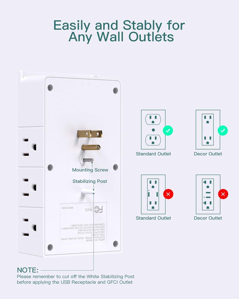 Addtam Outlet Extender with 12 AC Outlets and 3 USB Ports (1 USB-C), White