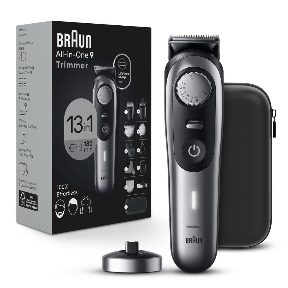 Braun All-in-One Men's Shaving Kit Series 9 9440, 13-in-1 Beard, Face, Nose, Ear Trimmer, Hair Clippers, Body Groomer and Manscaping