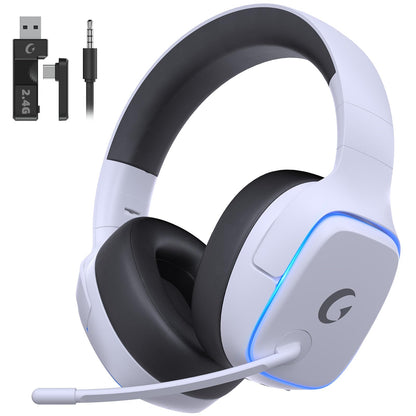 Gvyugke 2.4GHz Wireless Gaming Headsets for PS5, PS4, PC, Switch - Bluetooth 5.3 Gaming Headphones with Noise Canceling Mic, 7.1 Surround Sound, 70H Battery, Blue Lighting - White