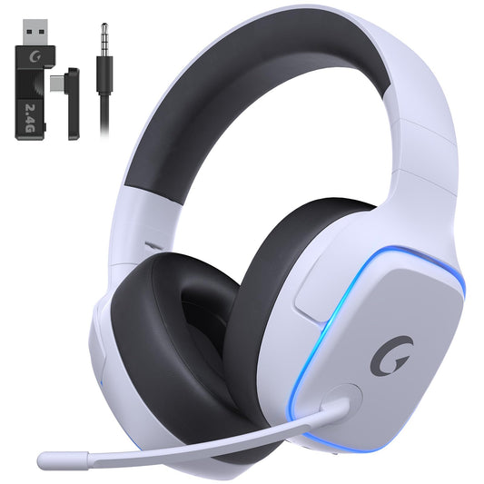Gvyugke 2.4GHz Wireless Gaming Headsets for PS5, PS4, PC, Switch - Bluetooth 5.3 Gaming Headphones with Noise Canceling Mic, 7.1 Surround Sound, 70H Battery, Blue Lighting - White