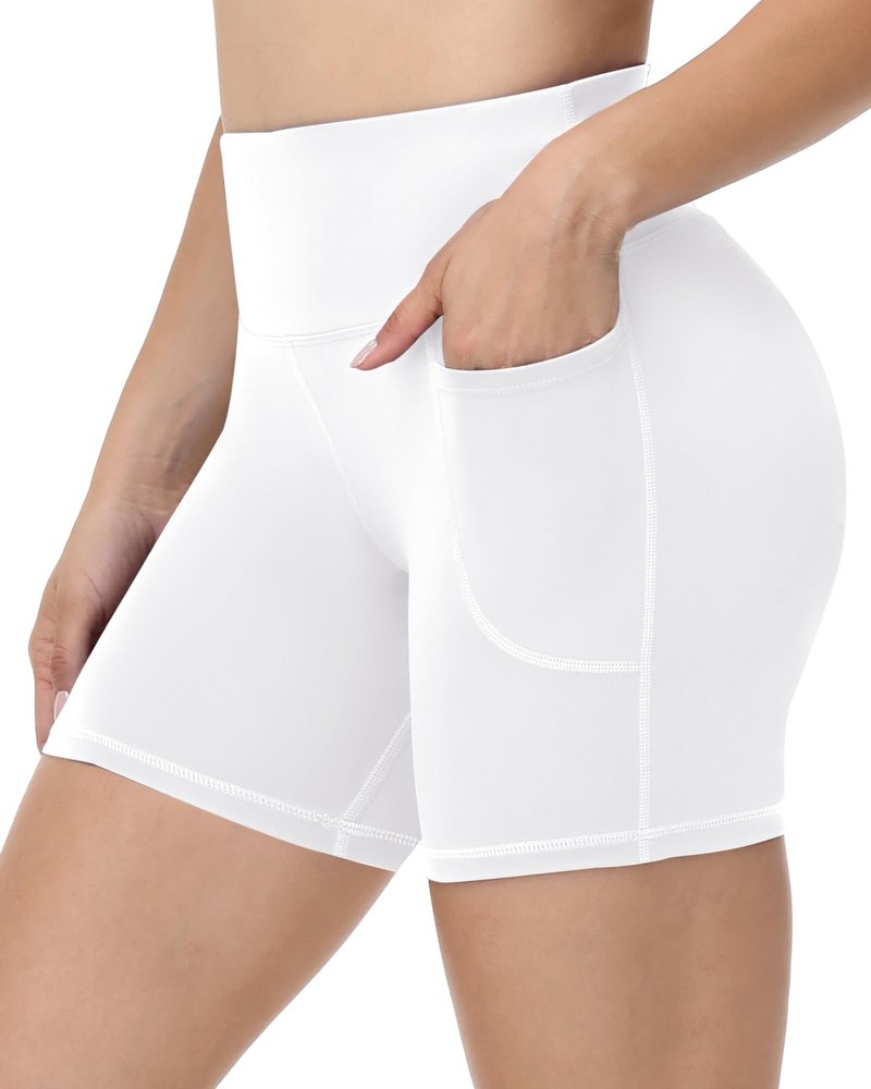 Runhit Yoga Shorts with Pockets for Women - 5'' White High Waisted Biker Workout Gym Athletic Compression Spandex Tummy Control Shorts