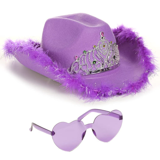 Funcredible Purple Cowboy Hat and Glasses - Preppy Cowgirl Hat with Tiara - Cowboy Hats with Feathers - Hannah Costume - Cowgirl Costume Accessories for Women and Girls