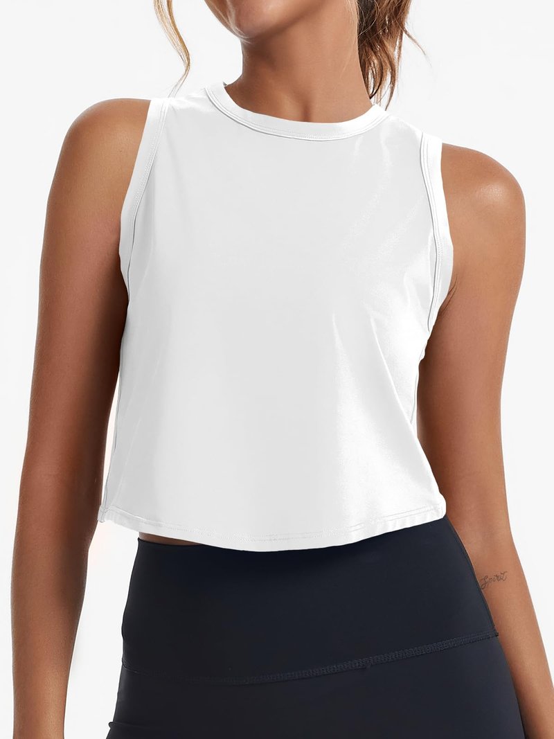 Fisoew Womens Workout Cropped Tank Tops Racerback Sleeveless Crewneck Running Yoga Active Shirts White