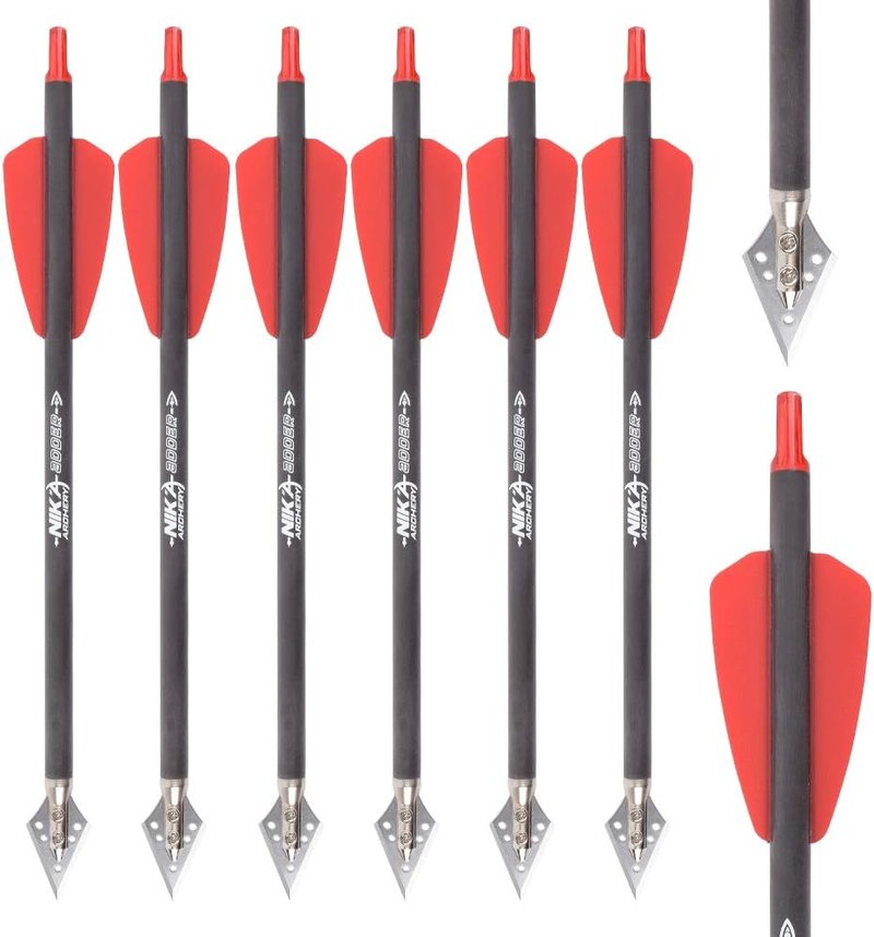 NIKA Archery 7.5" Carbon Crossbow Bolts - 2" Red Vanes & 100 Grain Tips | 6 or 12 Pack for Hunting