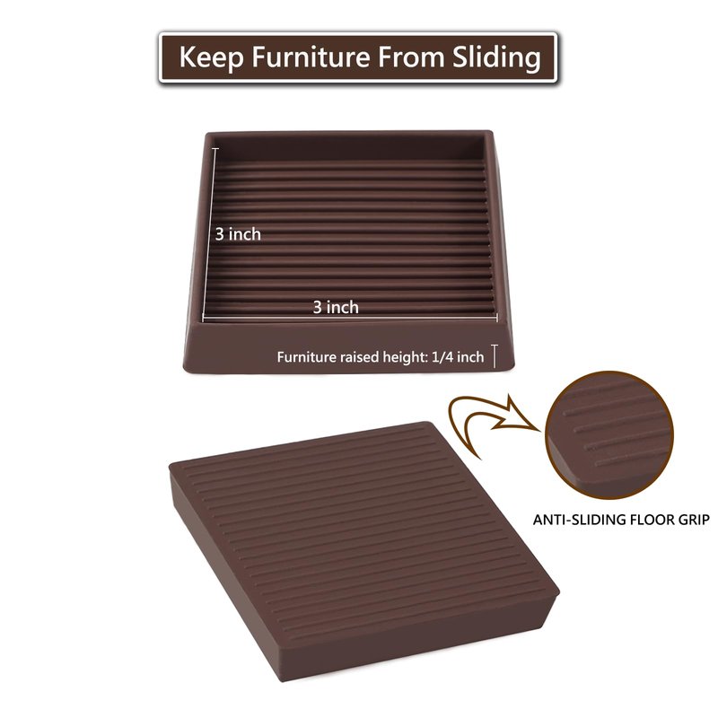 3x3 Non Slip Rubber Furniture Caster Cups for Hardwood Floors, Anti-Slip Square Furniture Coasters Pads Stopper Gripper Floor Protectors for Bed Couch Table