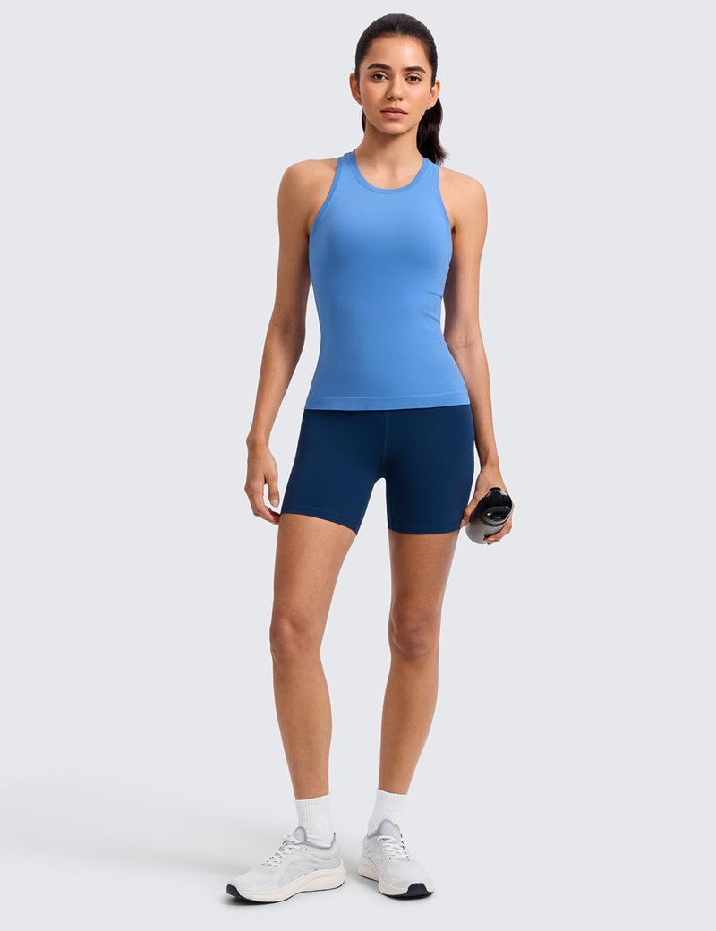 CRZ YOGA Seamless Workout Tank Tops for Women - Athletic Running Gym Sleeveless Shirts Crewneck Racerback Breathable Party Blue X-Large
