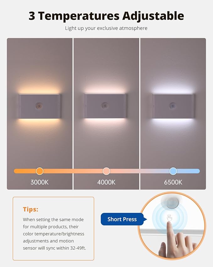 wowatt Rechargeable Motion Sensor Stair Light, White Night Lights with Magnetic Mount, Dimmable Stair Lights Indoor for Stairway, Hallway, Kitchen, Bathroom(6 Packs)