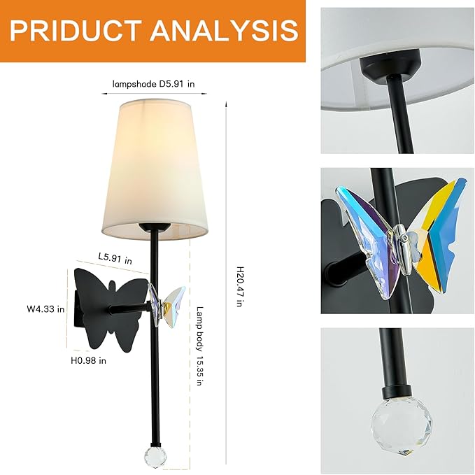 Battery Operated Wall Sconces,Rechargeable Wall Lights with Butterfly Crystal Decorative Sconces,Cordless Battery Sconce Indoor Wall Lamps for Bedroom Living Room Hallway Stairs Black 1 Pack