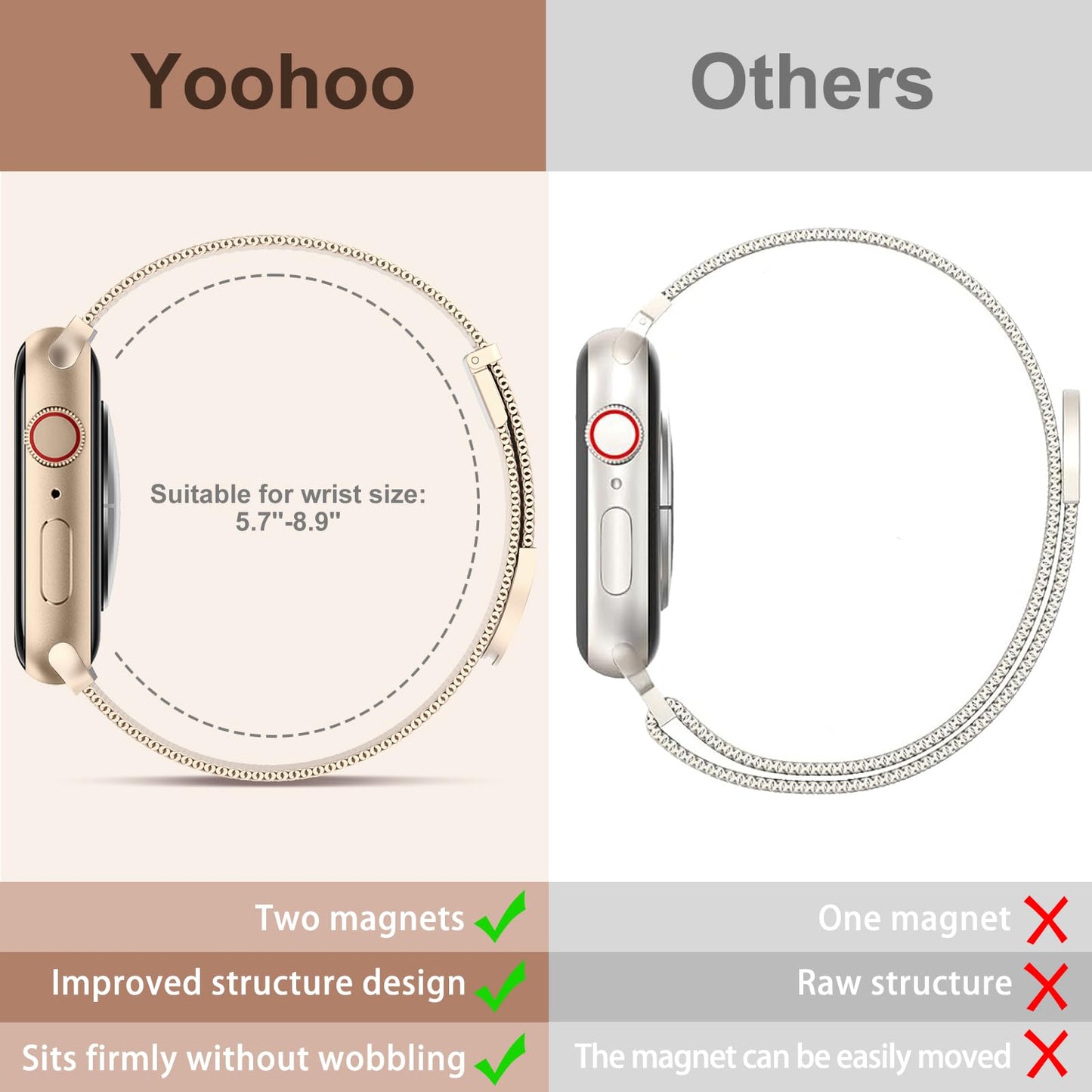 Yoohoo Milanese Loop for Apple Watch Straps 38mm 40mm 41mm 42mm 44mm 45mm 46mm 49mm Women Men,Strong Magnetic Clasp Adjustable Metal Band for iWatch Series 11 10 9 8 7 6 5 4 3 Ultra SE,Champagne Gold