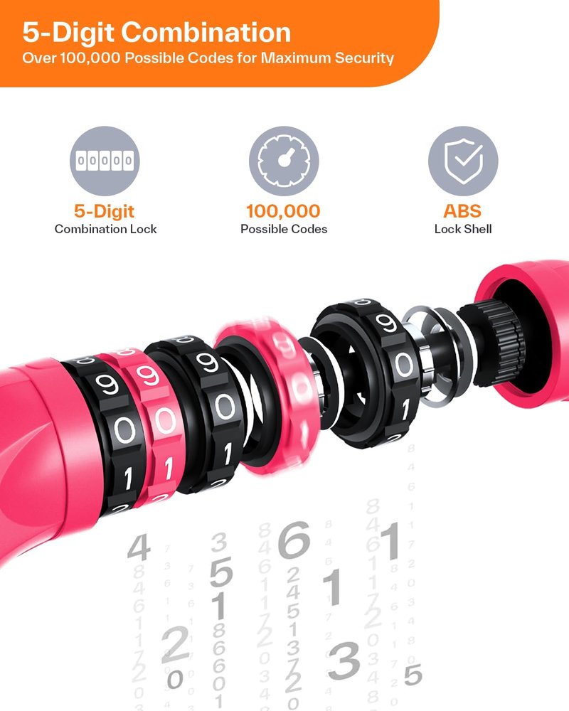 Sportneer Bike Lock: 5 Digit Combination High Security Anti Theft Bike Chain Lock - 3.2/3.6/4ft Heavy Duty Resettable Keyless Bicycle Lock for Bike, Motorcycle, Scooter, Door - 6mm Thick Rose Red