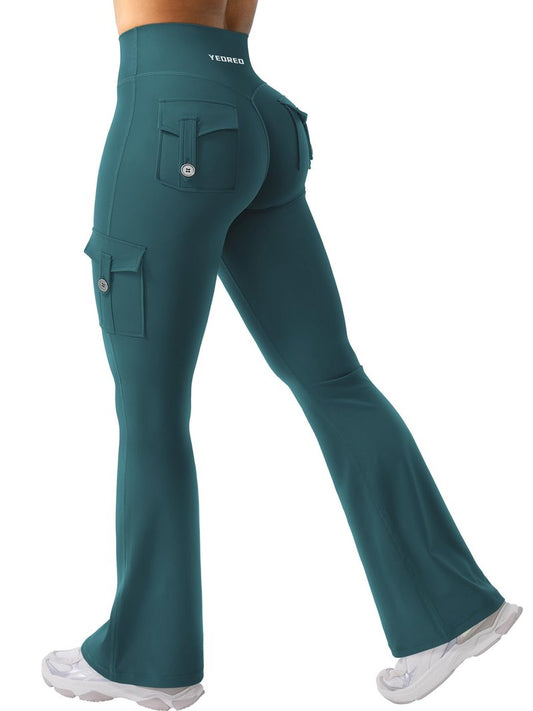 YEOREO CoreFlex Women Workout Flare Leggings with Pockets Hidden Scrunch High Waisted Cargo Gym Yoga Leggings Mediterranea S