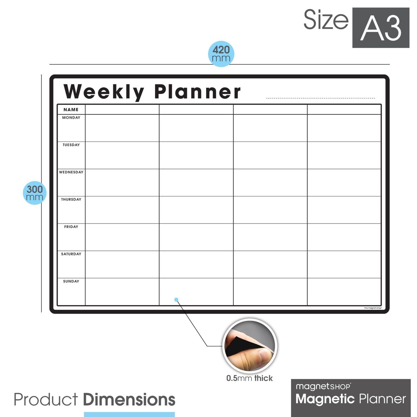 TMS A3 Magnetic Weekly Planner Whiteboard for Fridge | Dry Wipe Meal Planner, Calendar or Memo Board | Plan Family or Business Tasks | Dry Erase to Do List Magnet | with 4 Dry Erase Pens [30 x 42cm]