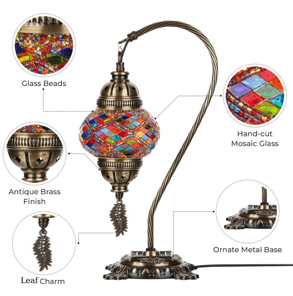 DEMMEX Turkish Moroccan Mosaic Table Lamp – Handcrafted Tiffany-Style Colorful Glass Swan Neck Bedside, Desk, Table Light, Boho Artisan Accent Lighting for Bedroom or Living Room – 15" H, Black White