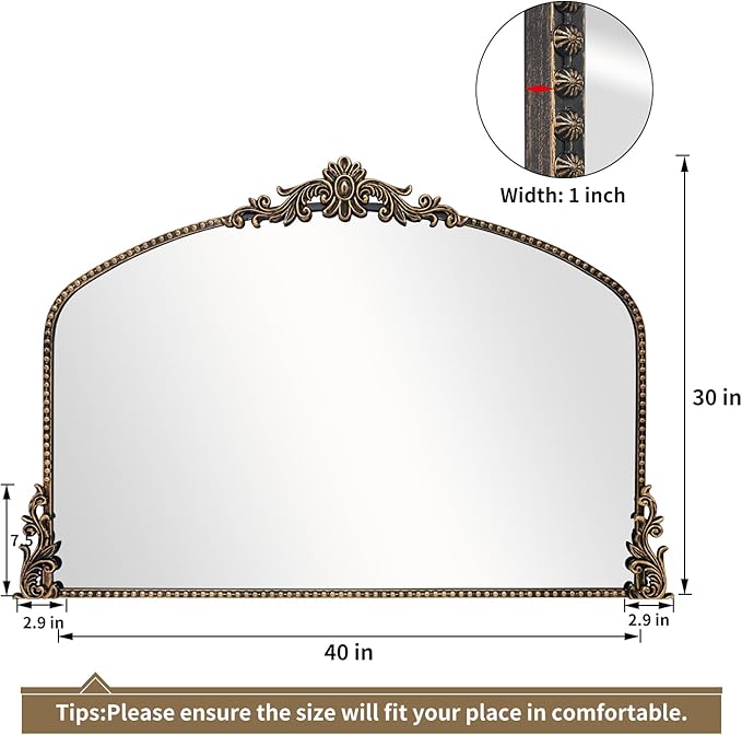 Growsun Vintage Black Arched Mirror, 40’’x30’’ Antique Baroque Ornate Wall Mirror Decor with Full Metal Frame for Fireplace/Entryway/Living Room/Bathroom