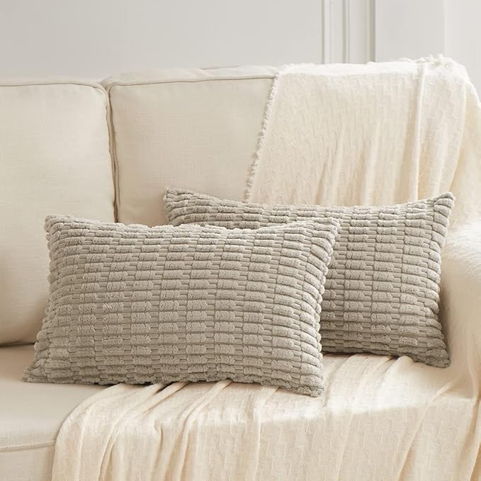 Fancy Homi Taupe Lumbar Decorative Throw Pillow Covers 12x20 Inch for Living Room Couch Bed Sofa, Rustic Farmhouse Boho Home Decor, Soft Striped Corduroy Rectangle Cushion Case 30x50 cm