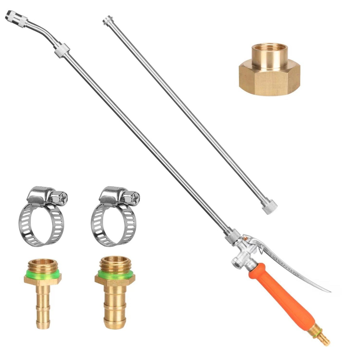 All Metal 44 Inches Replacement Sprayer Wand, Garden Hose Watering Wand with 3/4'' Brass Connector, 1/4" & 3/8" Brass Barb for Most Sprayer Hoses, Built-in Stainless Steel & 2 Hose Clamps