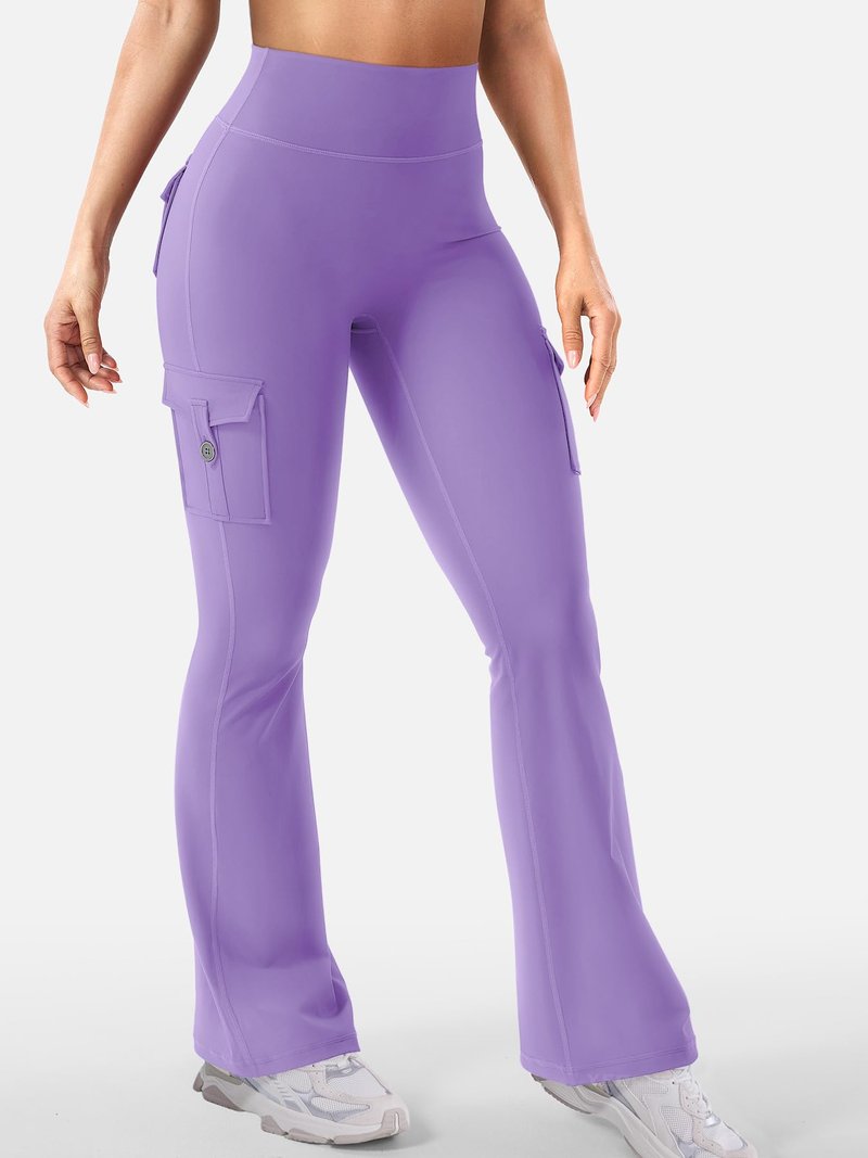 YEOREO CoreFlex Women Workout Flare Leggings with Pockets Hidden Scrunch High Waisted Cargo Gym Yoga No Front Seam Leggings Purple XL