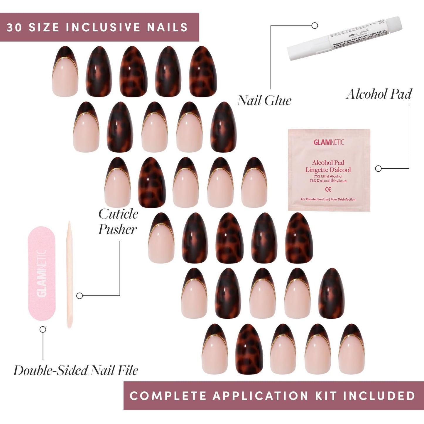 Glamnetic x GLAMZILLA Press On Nails - KILLAZILLA | Short Almond Tortoiseshell Fake Nails with French Tips, Salon Quality | 15 Sizes - 30 Nail Kit with Glue