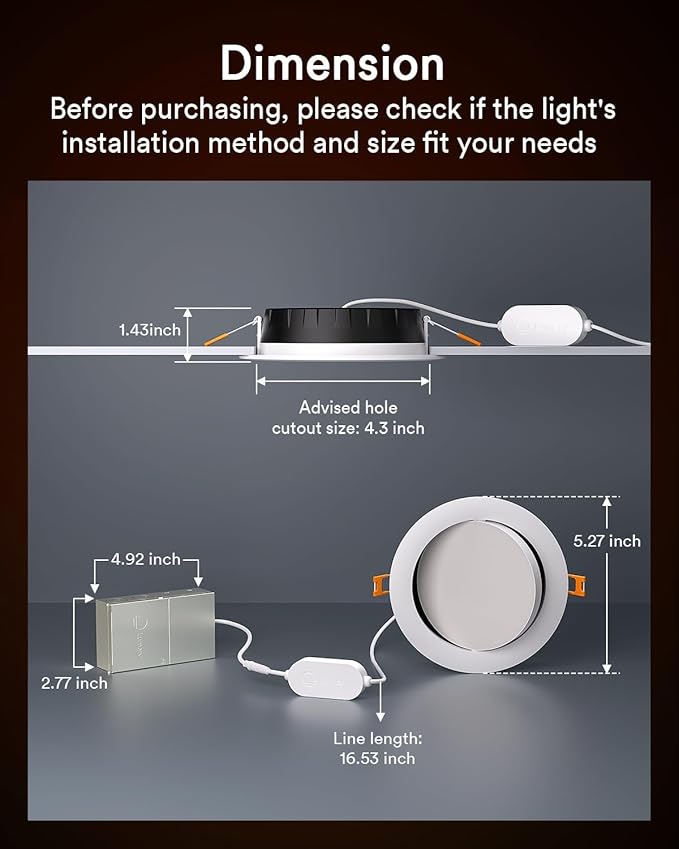Lumary Smart Gimbal Recessed Lighting 4 Inch with Remote, 355°+20° Adjustable RGBWW WiFi Ceiling Light, Work with Alexa Google, Canless LED Downlight with J-Box, 9W 780LM CRI90, 4 Pack