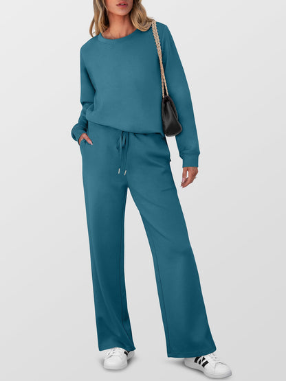 ANRABESS Women's 2 Piece Lounge Sets Casual Travel Outfits Wide Leg Tracksuit Sweatsuits Matching Set 2025 Fall Clothes Teal Medium