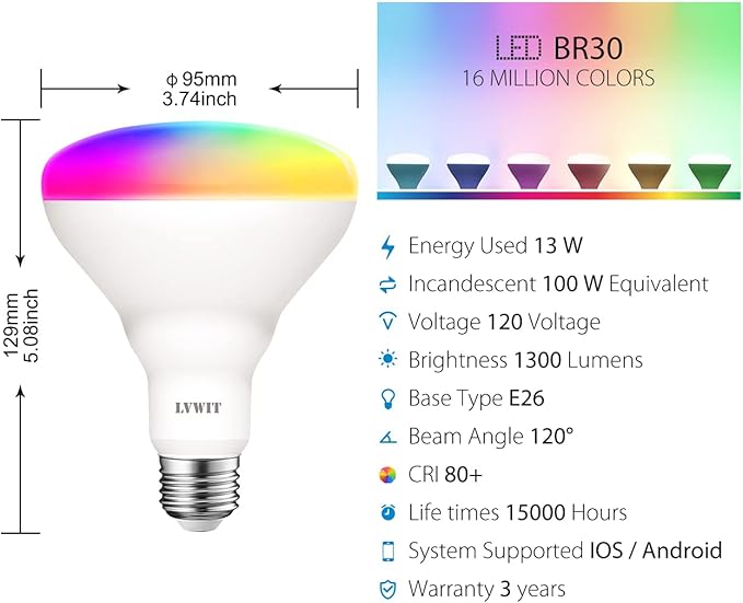 LVWIT Smart Light Bulbs Alexa, BR30 100W Equivalent, E26 Smart LED, Work with Google Assistant, Smart Life App, Tuya App, Dimmable 1300 Lumens RGB Color Changing Bulb (13W), No Hub Required, 4-Pack