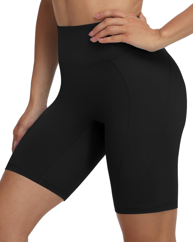 Moozava Womens 8" Gym Biker Shorts with PocketHigh Waisted Tummy Control Quick Dry Spandex Booty Shorts for Workout Athletic Yoga Running Black XS