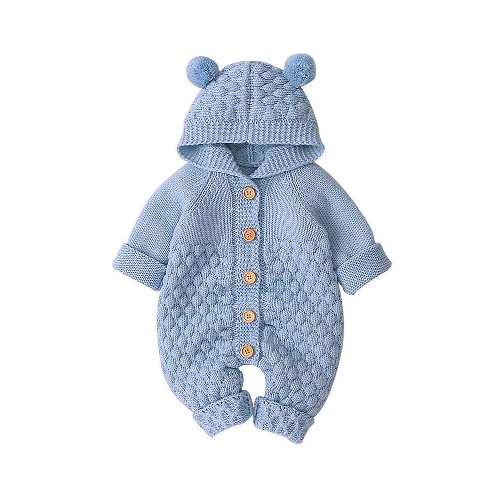 VICROAD Baby Hooded Knitted Rompers Newborn Girls Boys Onesies Warm Sweater Jumpsuit Outfits, Blue, 3-6 Months/66 cm