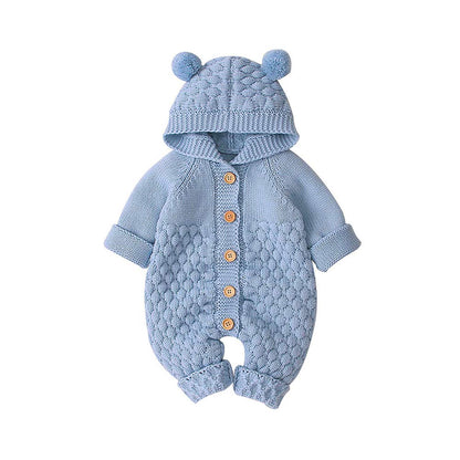VICROAD Baby Hooded Knitted Rompers Newborn Girls Boys Onesies Warm Sweater Jumpsuit Outfits, Blue, 3-6 Months/66 cm