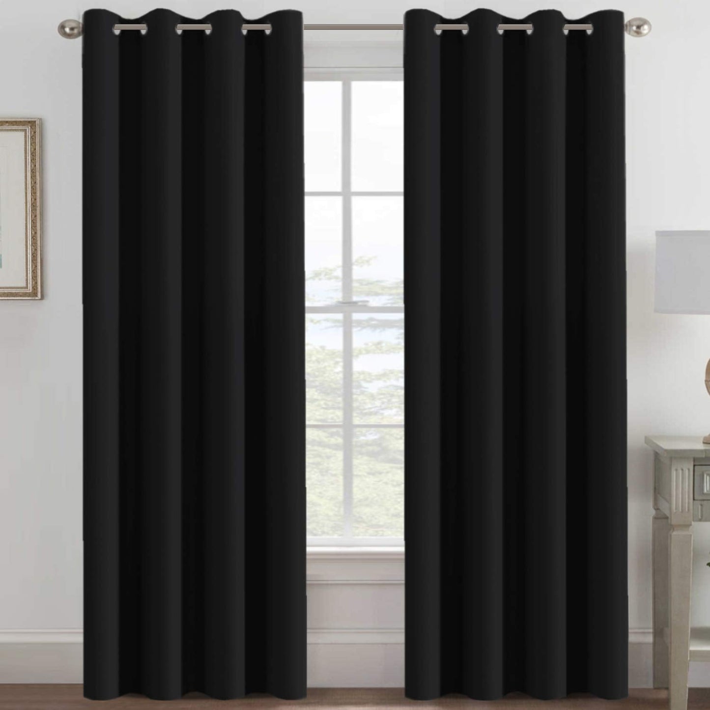 H.VERSAILTEX 100% Blackout Curtains for Bedroom Black Out Curtains 96 inch Thermal Insulated Long Blackout Curtains for Living Room, Energy Saving Curtains for Patio Door Grommet (1 Panel, Jet Black)