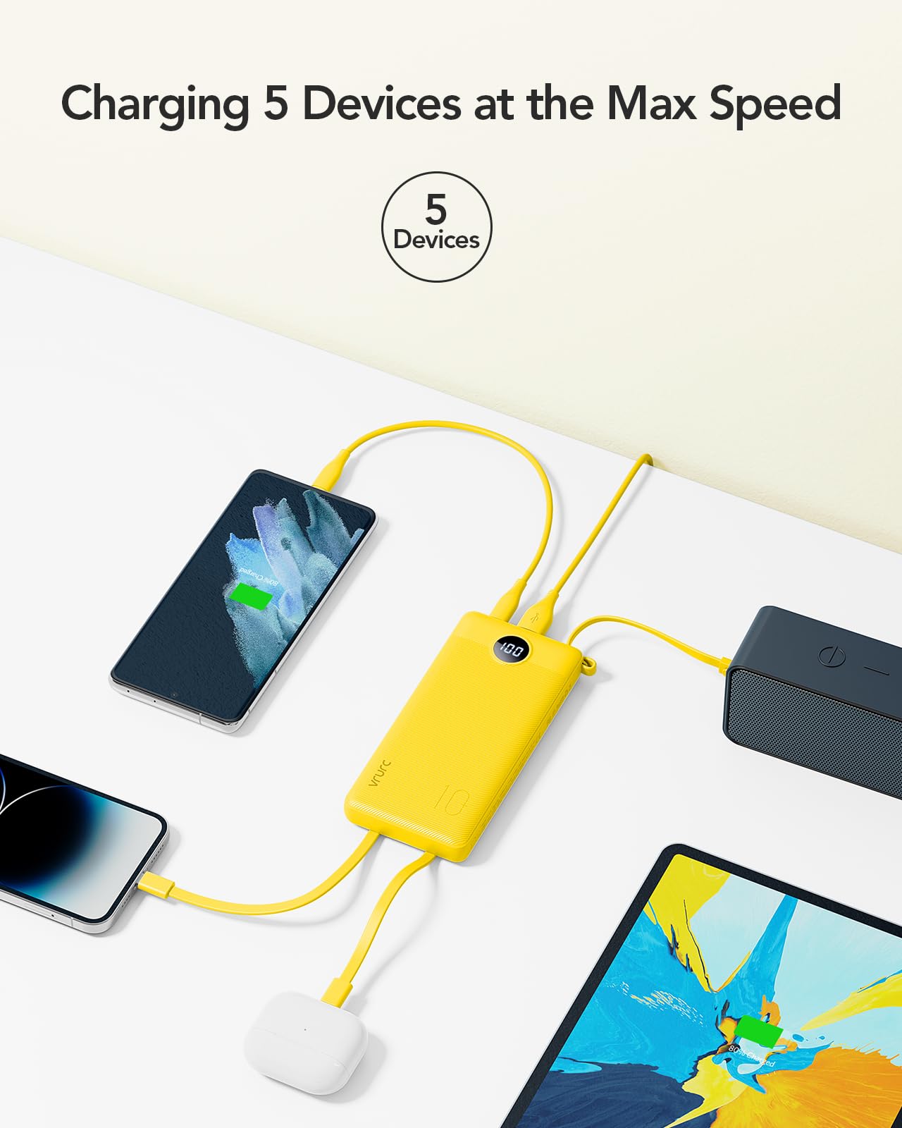 VRURC Portable Charger with Built in Cables, Slim Power Bank 10000mAh, USB C Battery Pack Travel Essential, 5 Outputs 2 Inputs Phone Charging Bank for iPhone 16 15 14 13,Samsung,Android-Black(1 Pack)