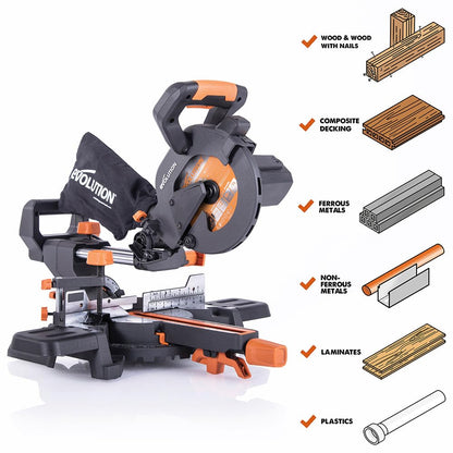 Evolution Power Tools R185SMS+ Sliding Miter Saw with Multi-Material Cutting, 45 Degree Bevel, 50 Degree Miter, 210 mm Slide, Blade Included Cuts Wood Plastic Metal & More, 7-1/4"