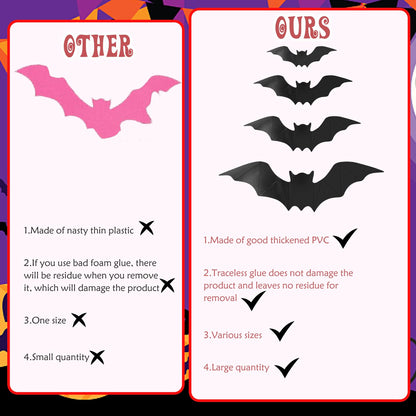 3D Halloween Wall Bats Decor - 48 Pink PVC Bats Stickers & Decals for Home, Indoor Spooky Theme