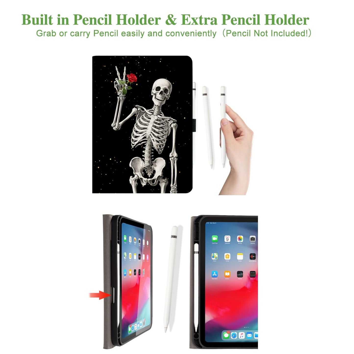 Vimorco for iPad 10th/ (A16) 11th Generation Case, Halloween for iPad Case 11th/10th Generation with Pencil Holder/Hand Strap/Pocket, Adjustable Angle, Fit iPad A16 Cover 11th/10th Gen, Skull Rose