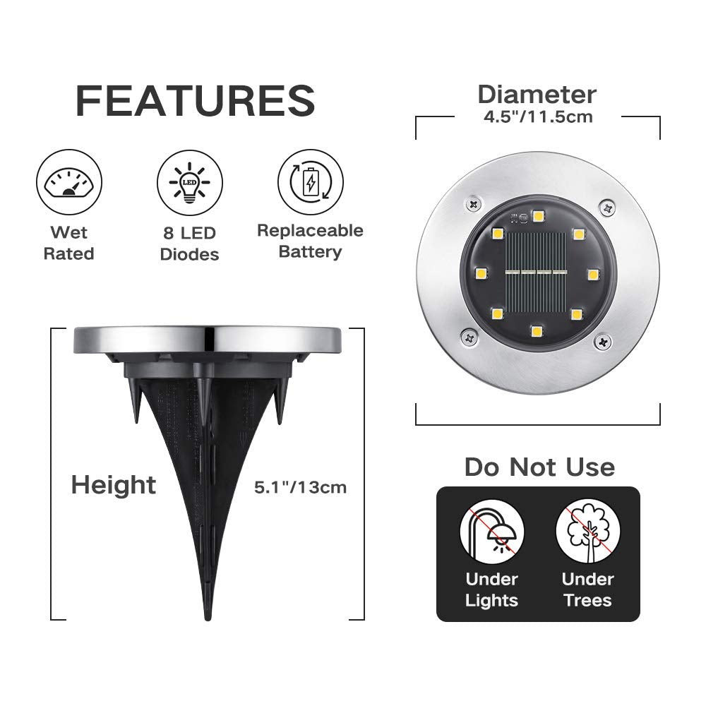 Joomer Outdoor Solar Garden Lights, 8 LED Solar Powered Ground White Lights Waterproof Garden Solar Disk Lights for Pathway Yard Walkway Patio Lawn Path(12 Pack)