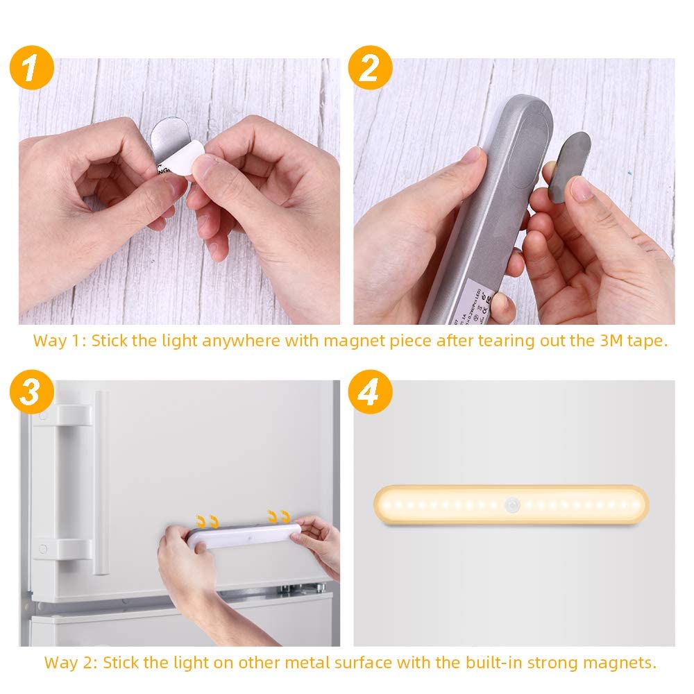OUSFOT Cabinet Lighting 4 Pieces 20 LEDs Wireless Under Cabinet Light with Motion Sensor USB Rechargeable Battery Wardrobe Lighting Warm White Stick on for Cabinets, Stairs, Kitchen