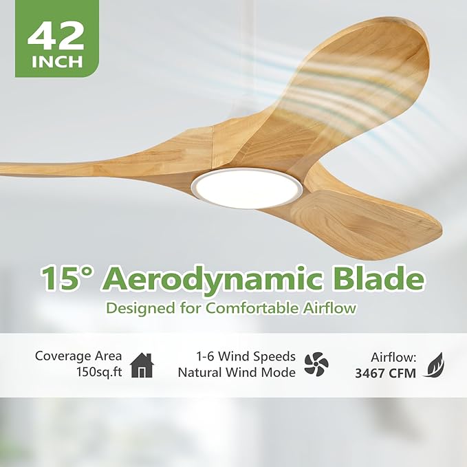 42-Inch Natural Wood Ceiling Fan with Lights, Remote Control, Dimmable, Reversible, Wood Blades, Power-Off Memory, Quiet DC Motor – Modern outdoor Ceiling Fan for Living Room, Bedroom, Patio