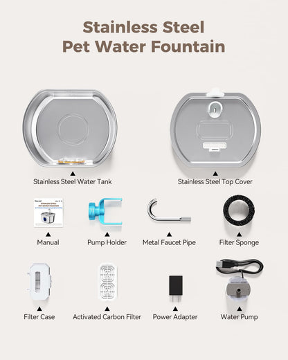 Cat Water Fountain Stainless Steel: 108oz/3.2L Cat Fountain for Drinking- Pet Water Fountain for Cats Inside - Automatic Cat Water Dispenser Bowl - Cat Feeding & Watering Supplies - Water Level Window